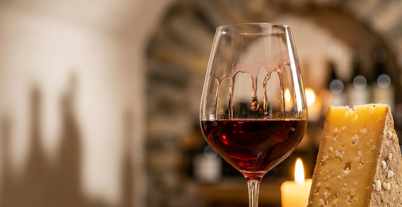 Gros plan sur un verre de vin rouge avec fromage de montagne et cave voûtée floue en arrière-plan