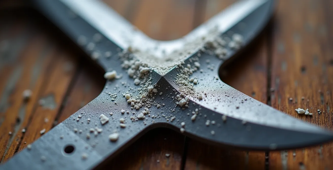 Gros plan macro sur l'affûtage d'une lame de piolet mixte montrant l'angle de lime et les dents