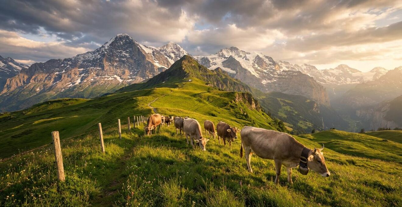 Vaches paissant dans un alpage verdoyant avec sommets enneigés en arrière-plan