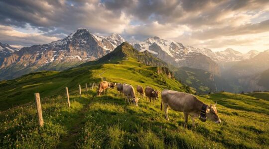 Vaches paissant dans un alpage verdoyant avec sommets enneigés en arrière-plan
