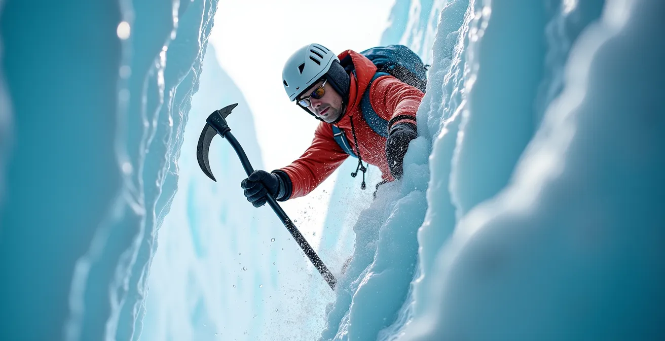 Alpiniste en action dans une cascade de glace verticale montrant la technique de frappe avec piolets équipés