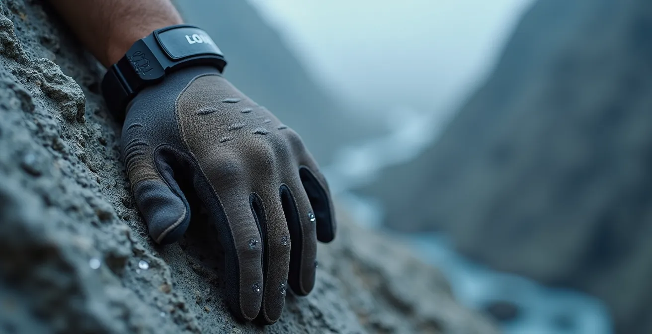 Gros plan sur les mains d'un alpiniste saisissant une prise rocheuse au-dessus du vide