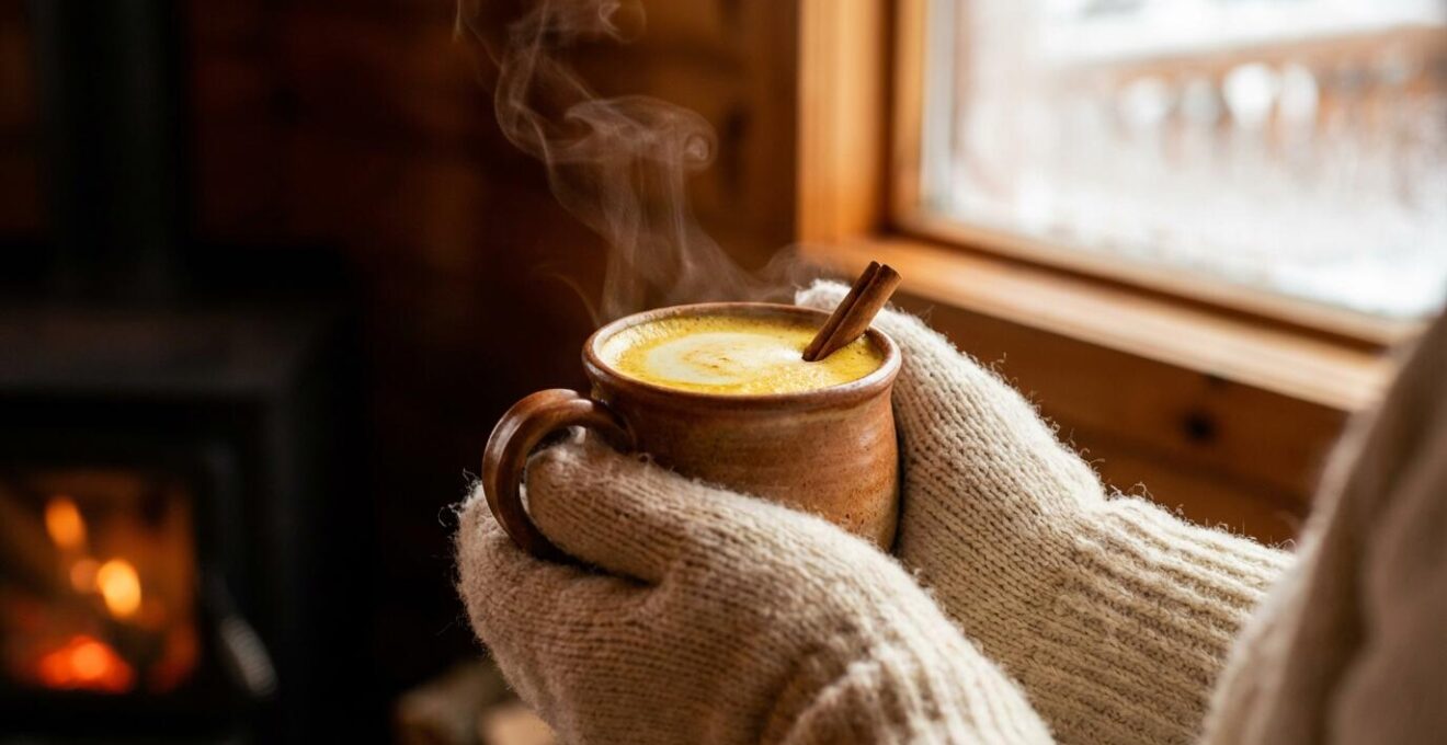 Photographie atmosphérique de boissons chaudes fumantes sur table de refuge montagnard