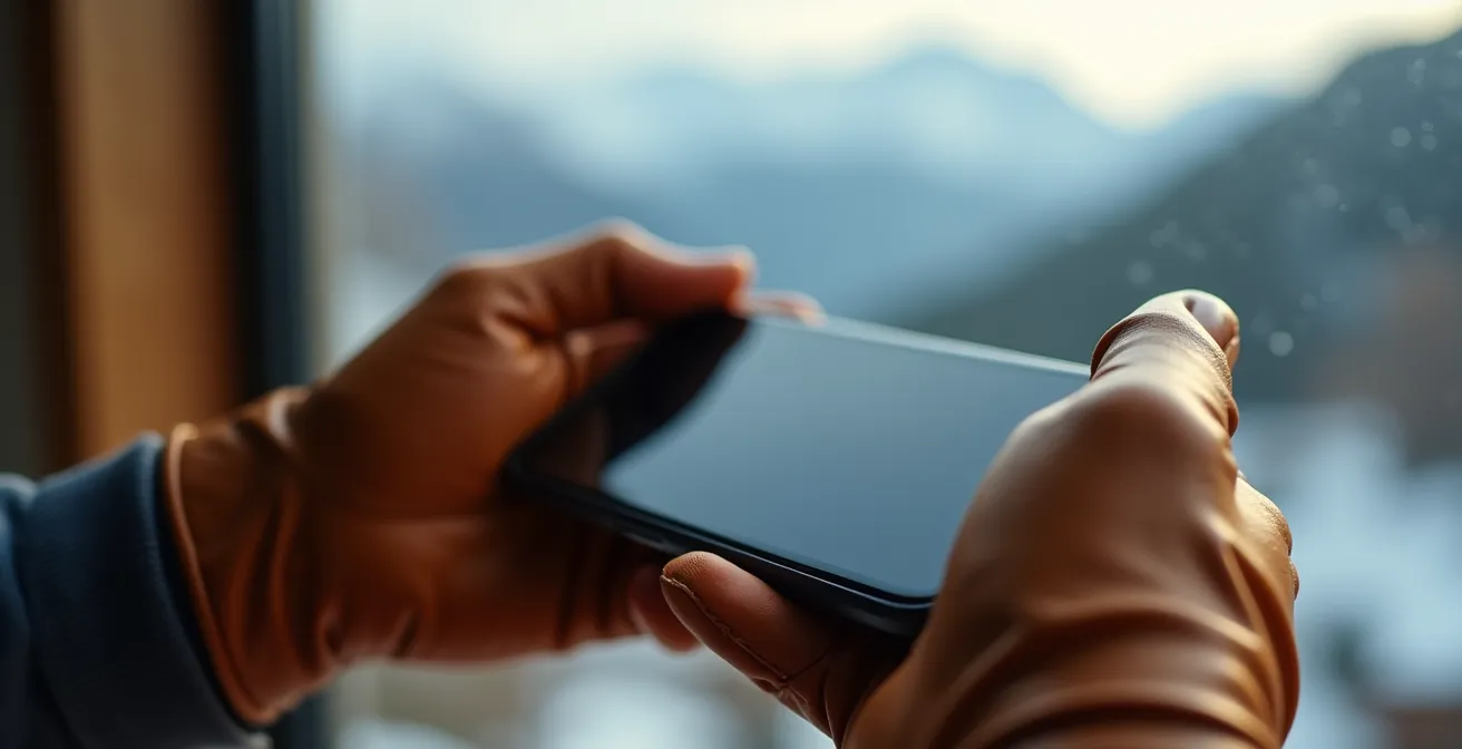 Gros plan sur un téléphone tenu dans une main gantée montrant une photo d'appartement, avec des montagnes enneigées en arrière-plan flou