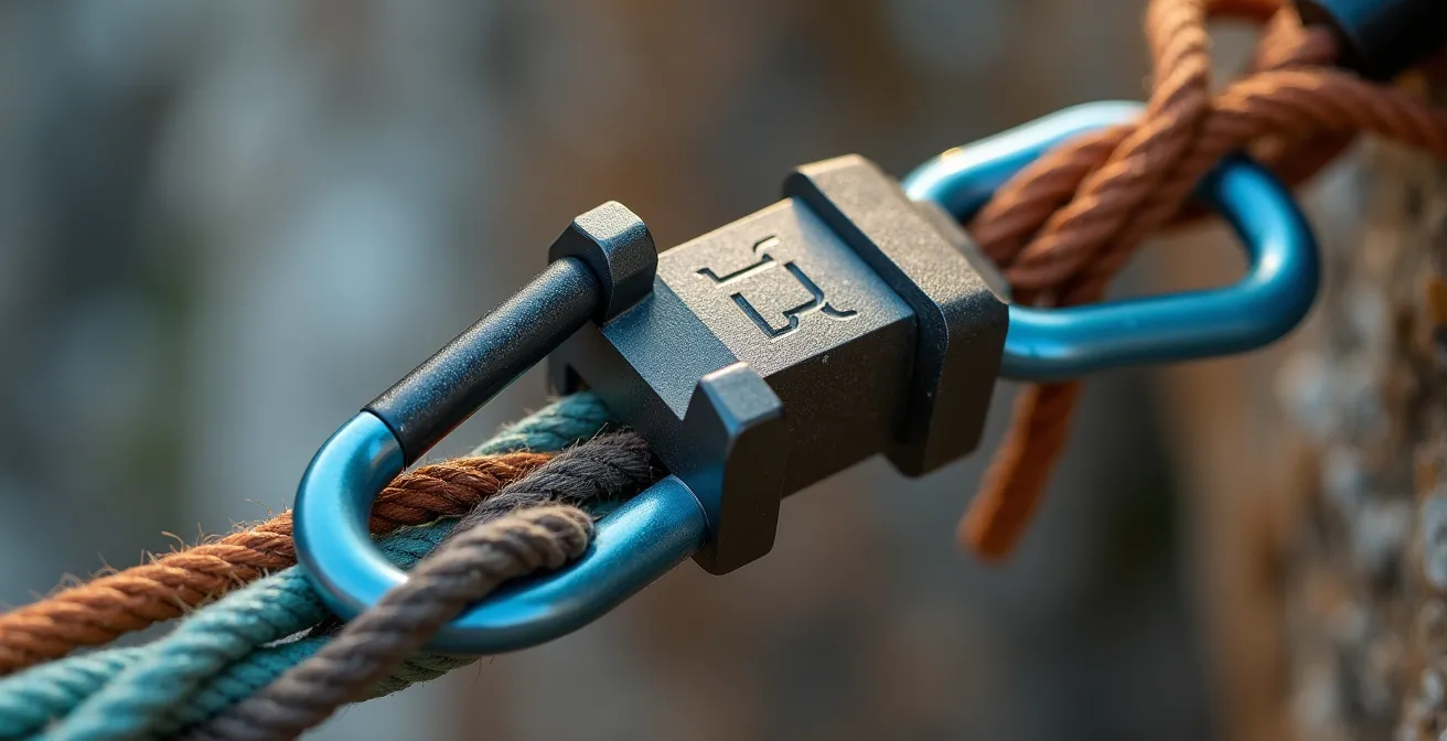 Système d'assurage avec plaquette Reverso en mode guide sur relais d'escalade