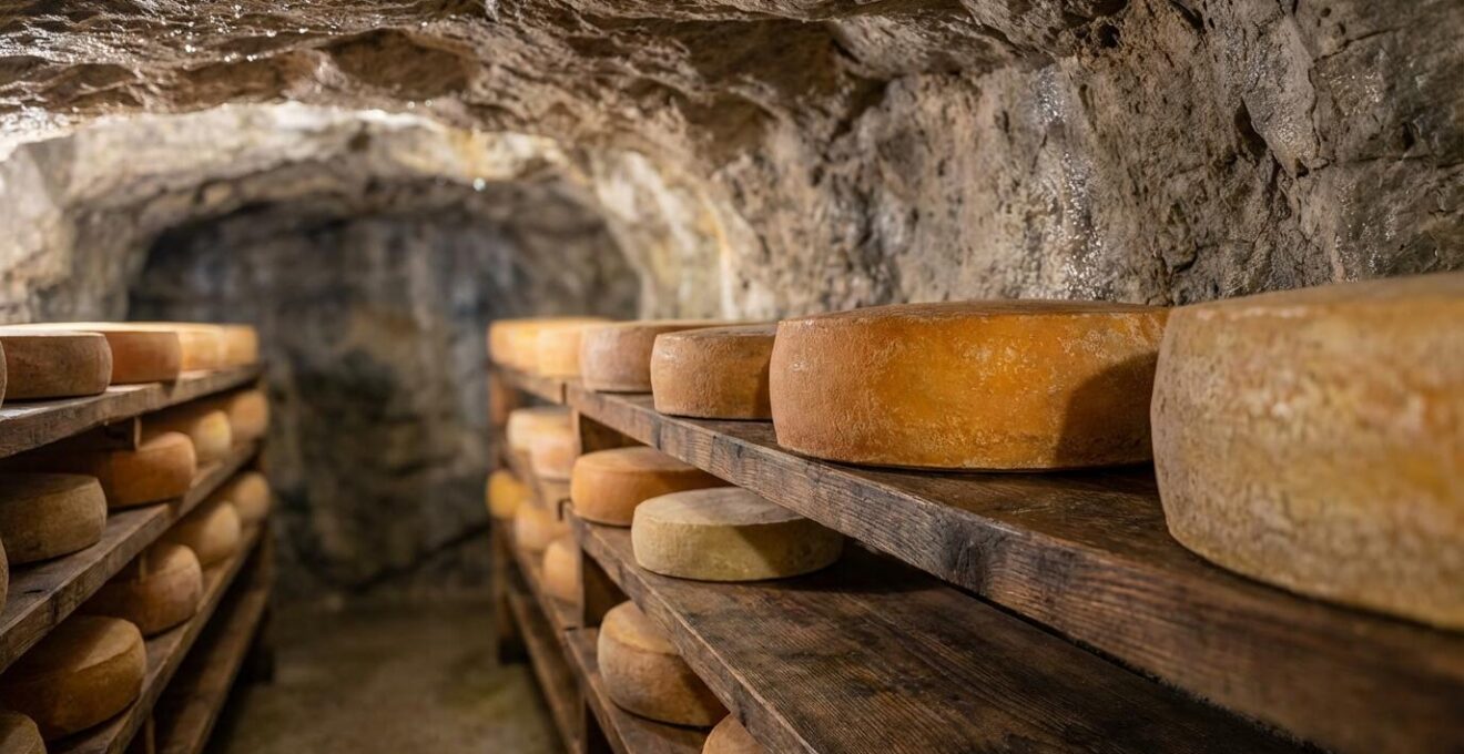 Meules de Beaufort d'été et d'hiver en cave d'affinage traditionnelle