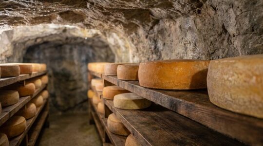 Meules de Beaufort d'été et d'hiver en cave d'affinage traditionnelle