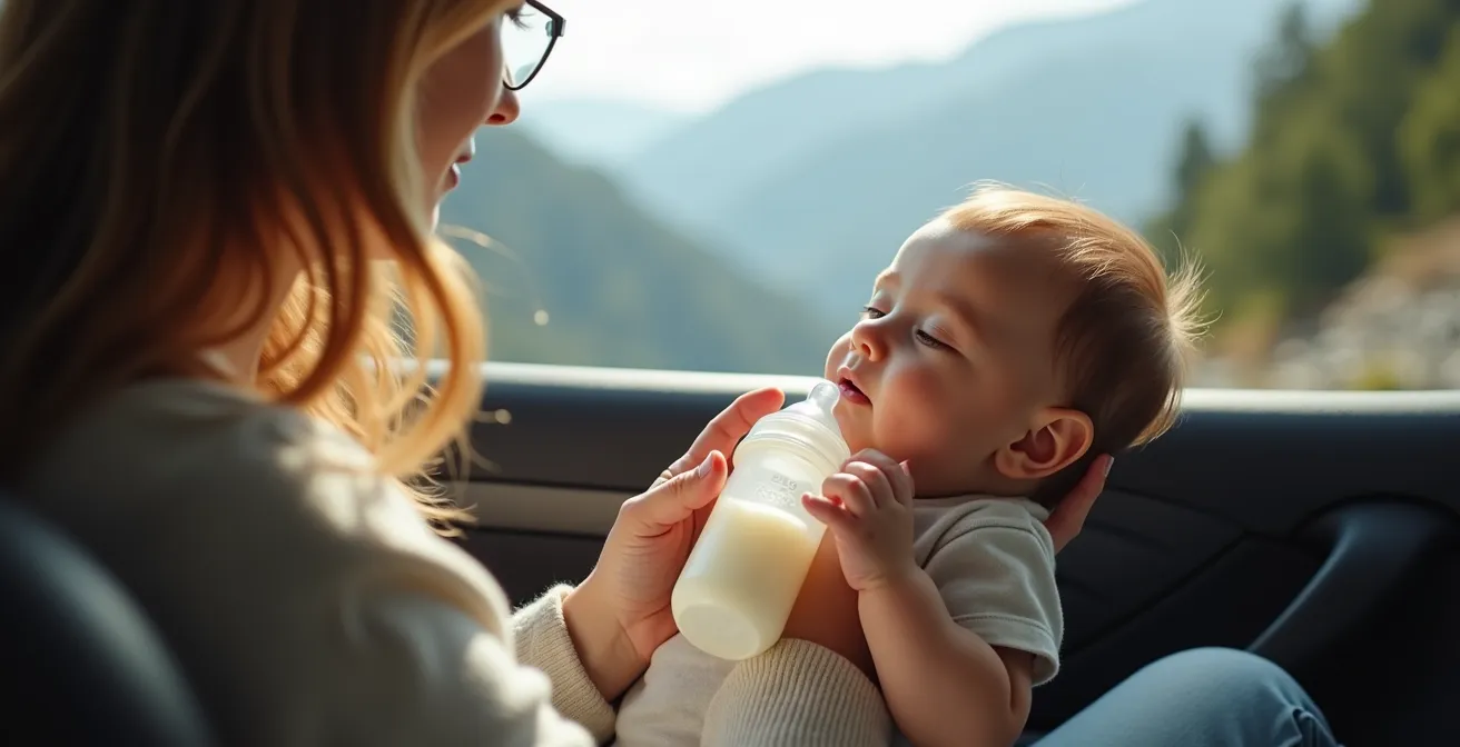 Parents réconfortant leur bébé lors d'une pause en voiture de montagne