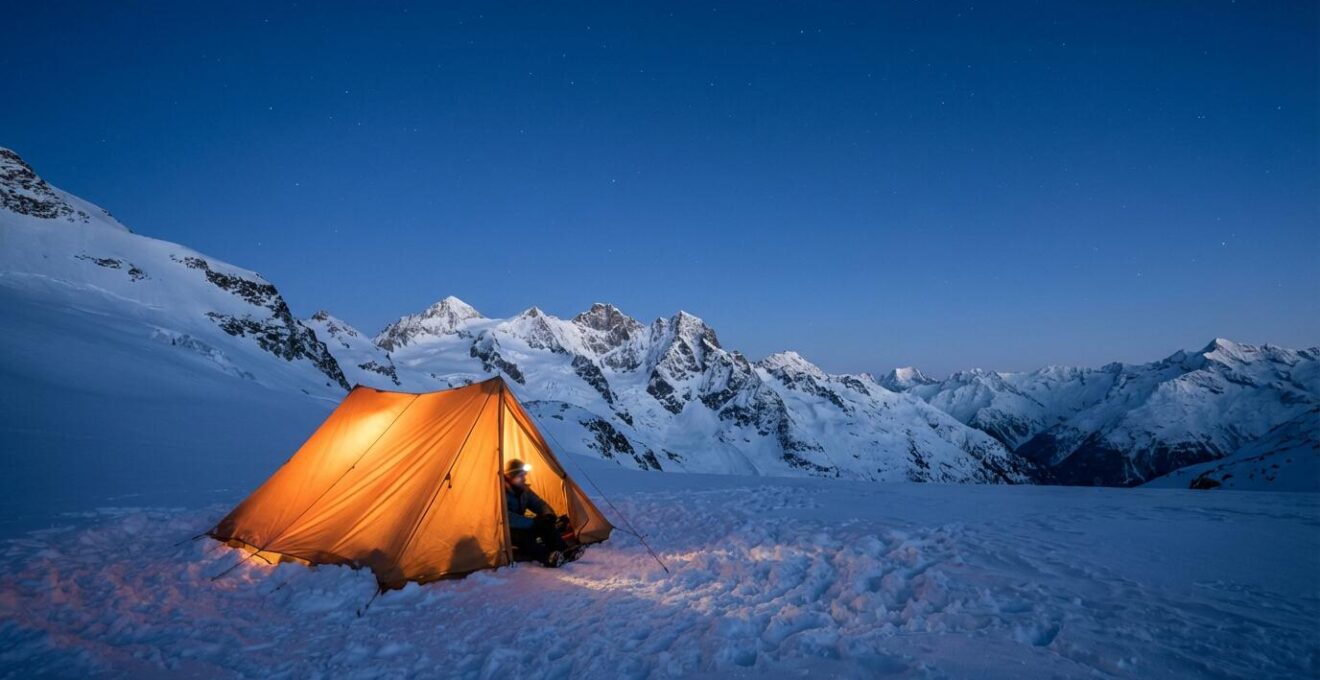 Bivouac hivernal dans la neige avec tente éclairée de l'intérieur sous un ciel étoilé