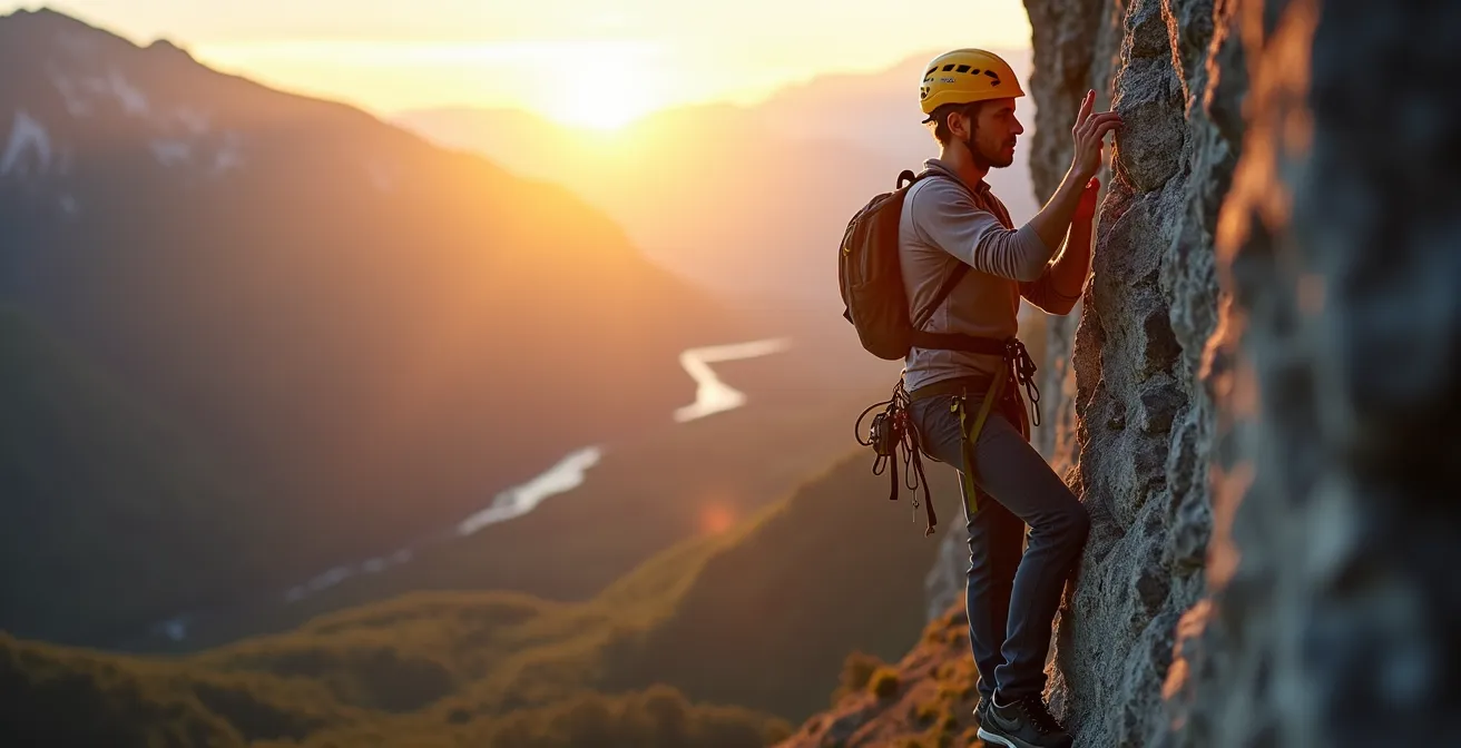 Grimpeur utilisant des signaux gestuels sur une paroi rocheuse
