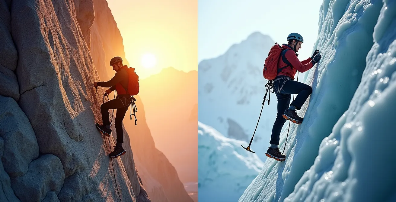 Vue en diptyque montrant un alpiniste sur rocher à gauche et sur glacier à droite