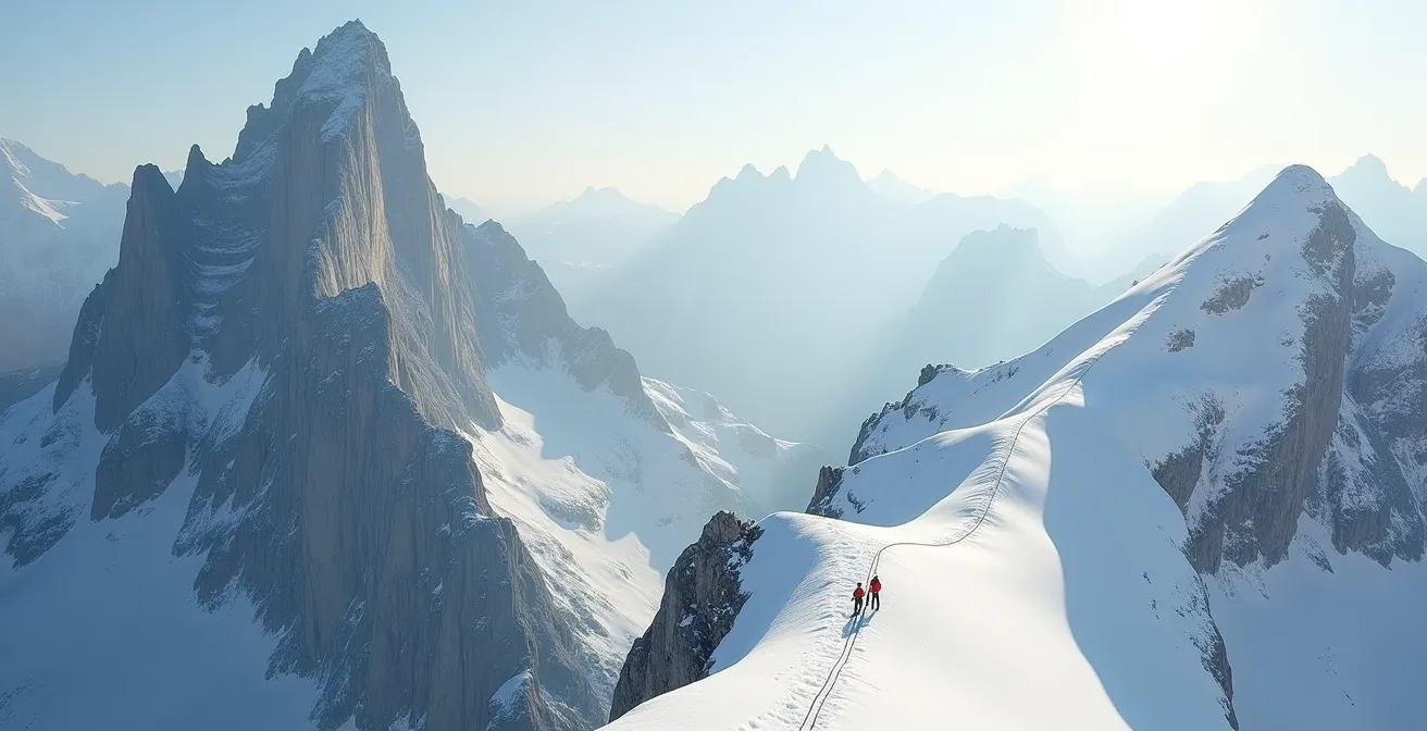 Vue comparative des deux arêtes mythiques avec alpinistes en progression