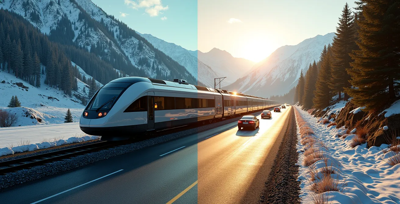 Comparaison visuelle entre un train moderne et des voitures sur une route de montagne, illustrant la différence d'impact carbone