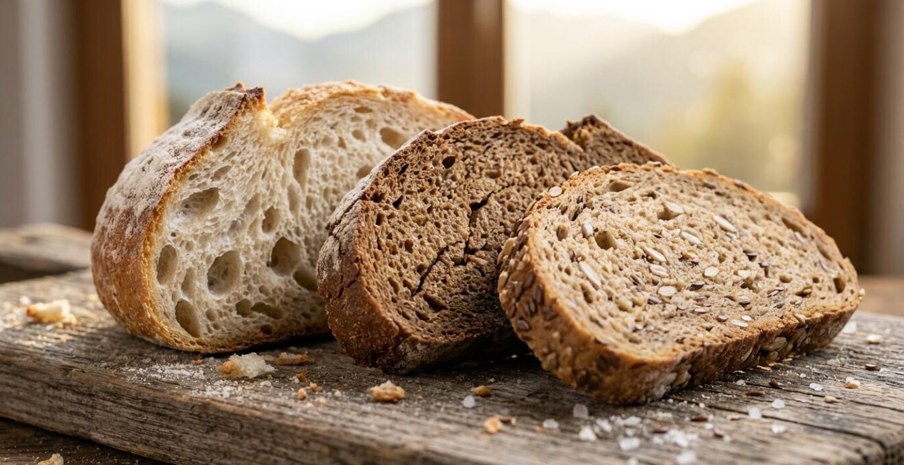 Vue macro détaillée de tranches de différents pains sur planche de bois rustique