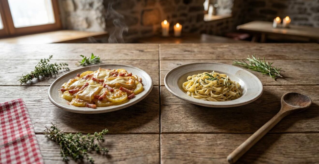 Photographie éditoriale en vue plongée montrant deux plats après-ski en comparaison naturelle sur table montagnarde