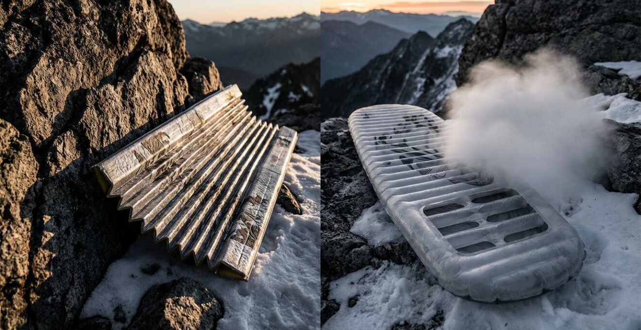 Comparaison visuelle entre un matelas en mousse à cellules fermées et un matelas gonflable technique sur terrain enneigé