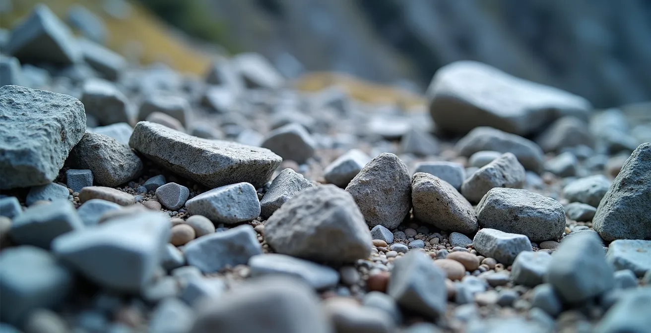 Vue d'un couloir de chutes de pierres en montagne montrant les signes caractéristiques d'éboulis et l'absence de végétation