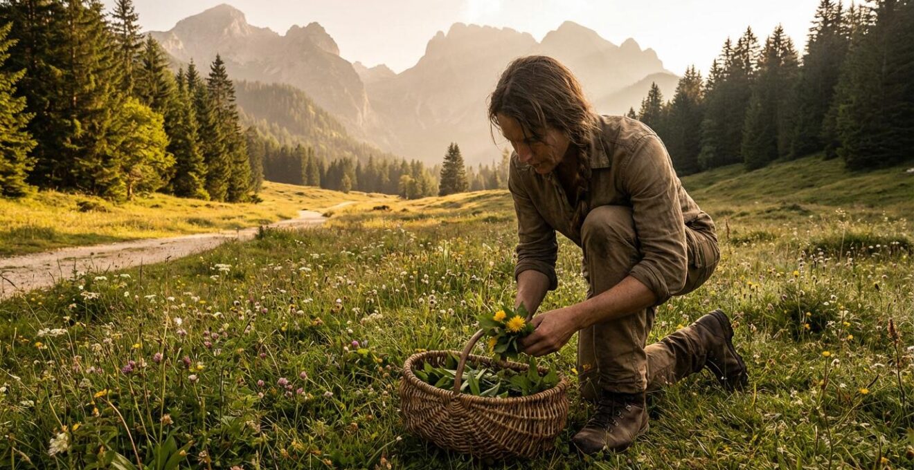 Randonneurs cueillant des herbes sauvages comestibles dans un paysage de montagne au printemps