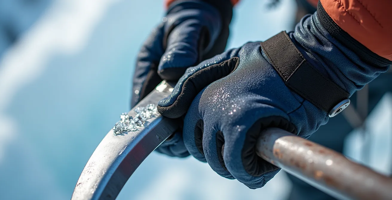 Gros plan macro sur des gants techniques d'escalade sur glace avec détails des textures