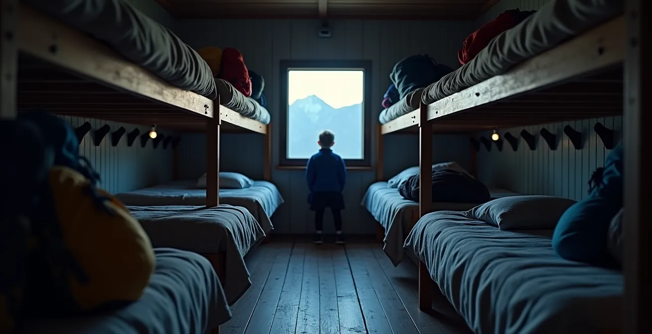 Dortoir de refuge de montagne à l'aube avec randonneurs endormis et équipement bien rangé