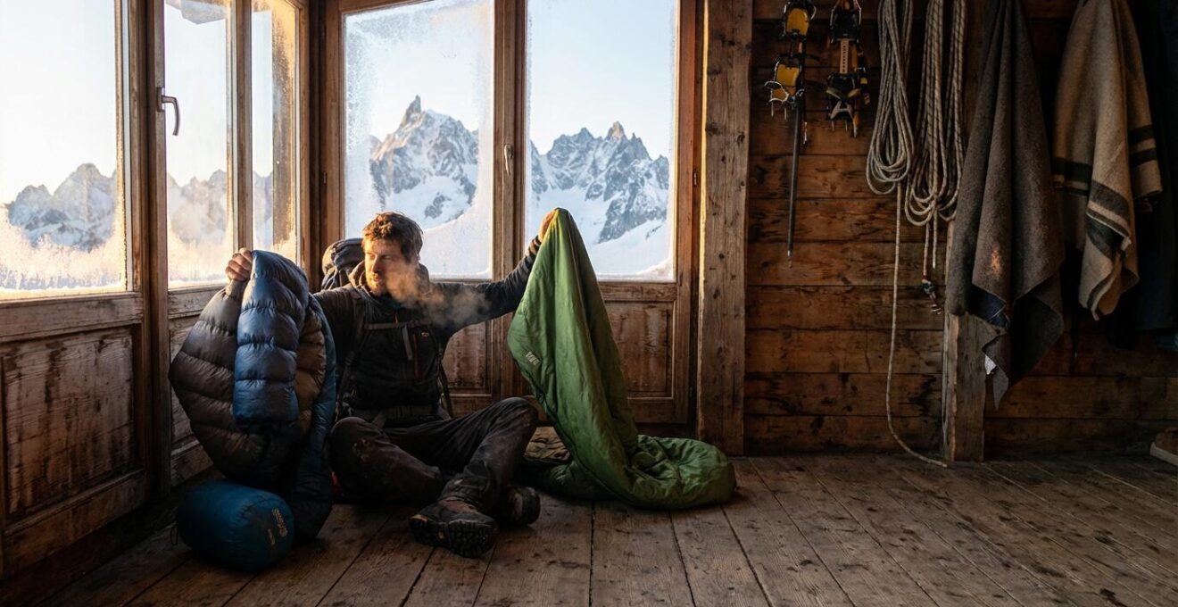 Randonneur examinant deux sacs de couchage dans un refuge de haute montagne au crépuscule