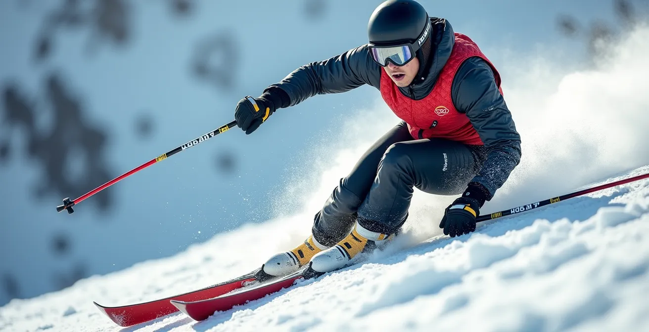 Skieur en position de schuss s'entraînant sur piste avec muscles des jambes en action