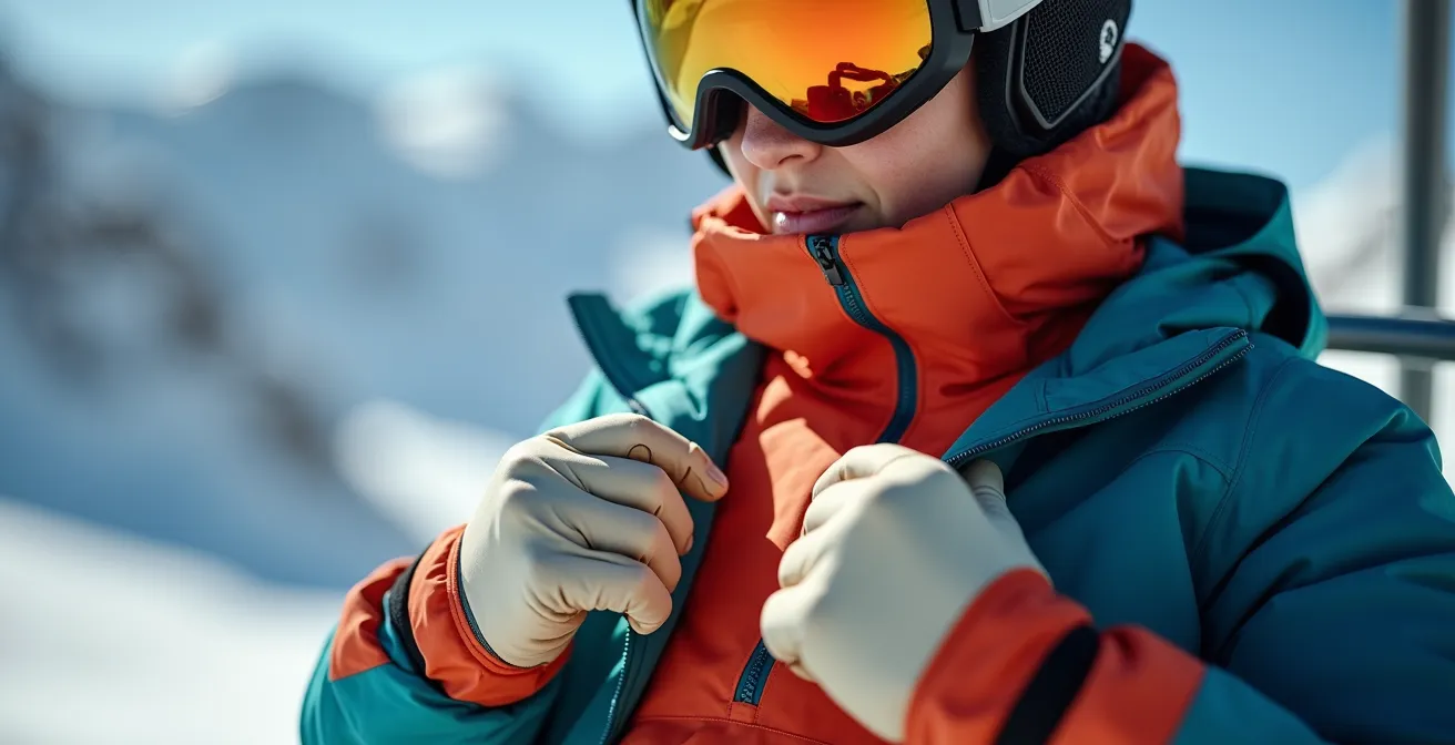 Gros plan sur un skieur ajustant les zips de ventilation de sa veste technique légère sur un télésiège avec glacier en arrière-plan