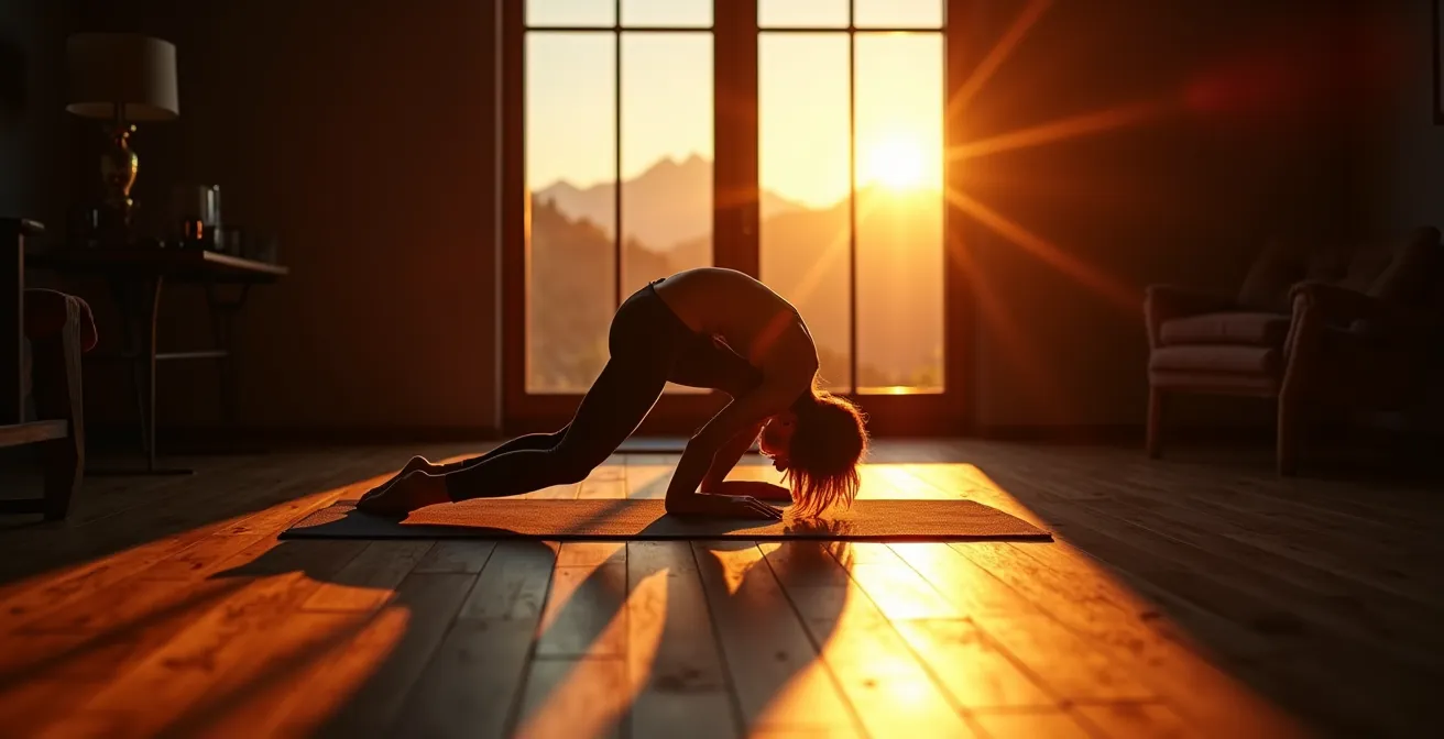 Personne pratiquant des étirements de yoga dans un refuge de montagne au coucher du soleil