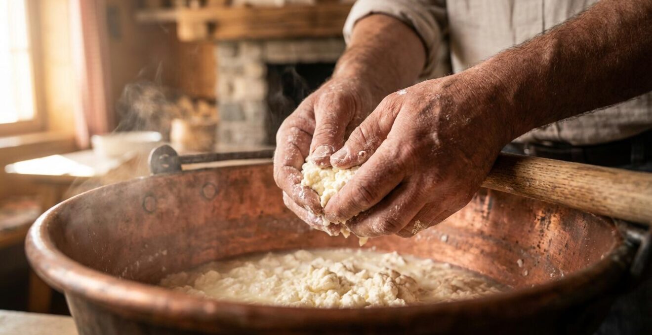Fromager travaillant le caillé dans un grand chaudron de cuivre traditionnel