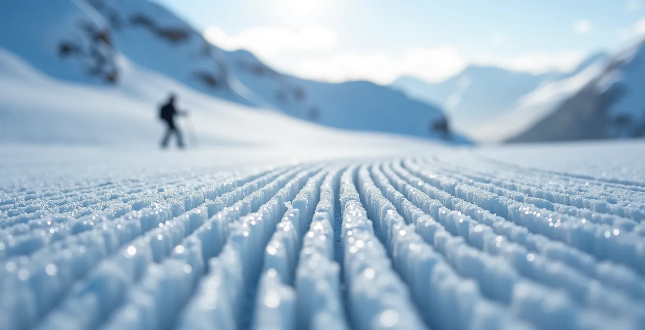 Vue plongeante du mur de départ de la Face de Bellevarde avec skieurs minuscules sur pente glacée