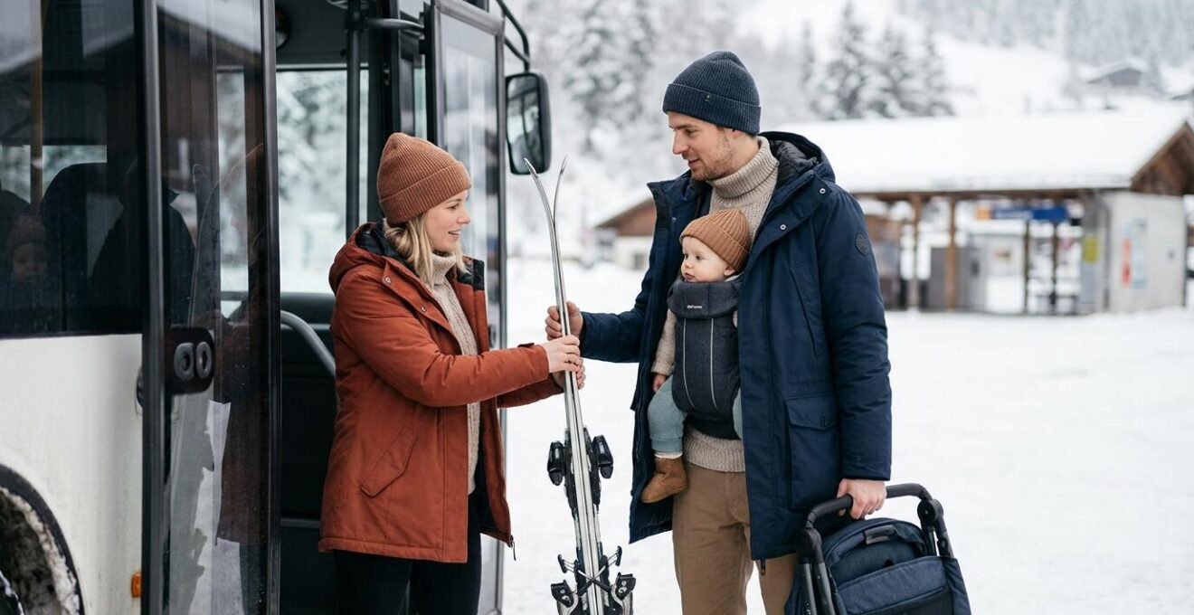 Parents avec enfant et équipement de ski montant dans une navette de station, vue de profil