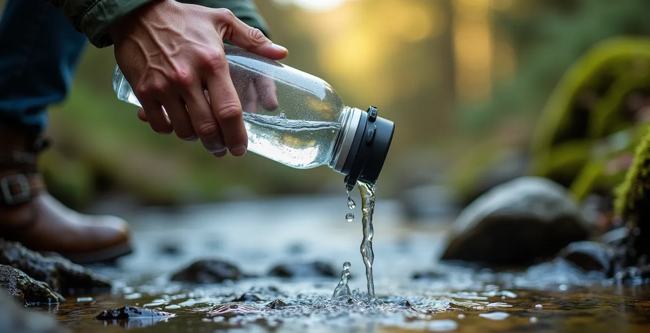 Randonneur filtrant de l'eau d'un torrent de montagne avec une gourde filtrante