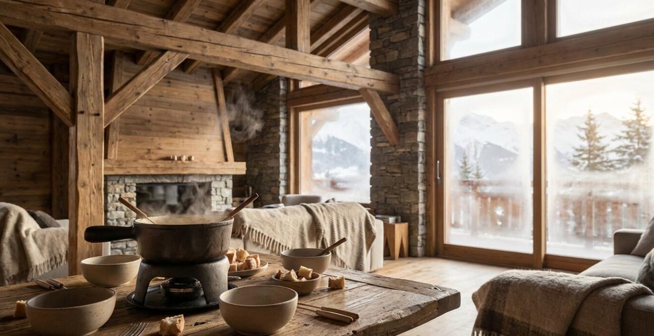 Fondue savoyarde dans un chalet de montagne avec vue sur les sommets enneigés