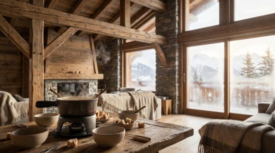 Fondue savoyarde dans un chalet de montagne avec vue sur les sommets enneigés