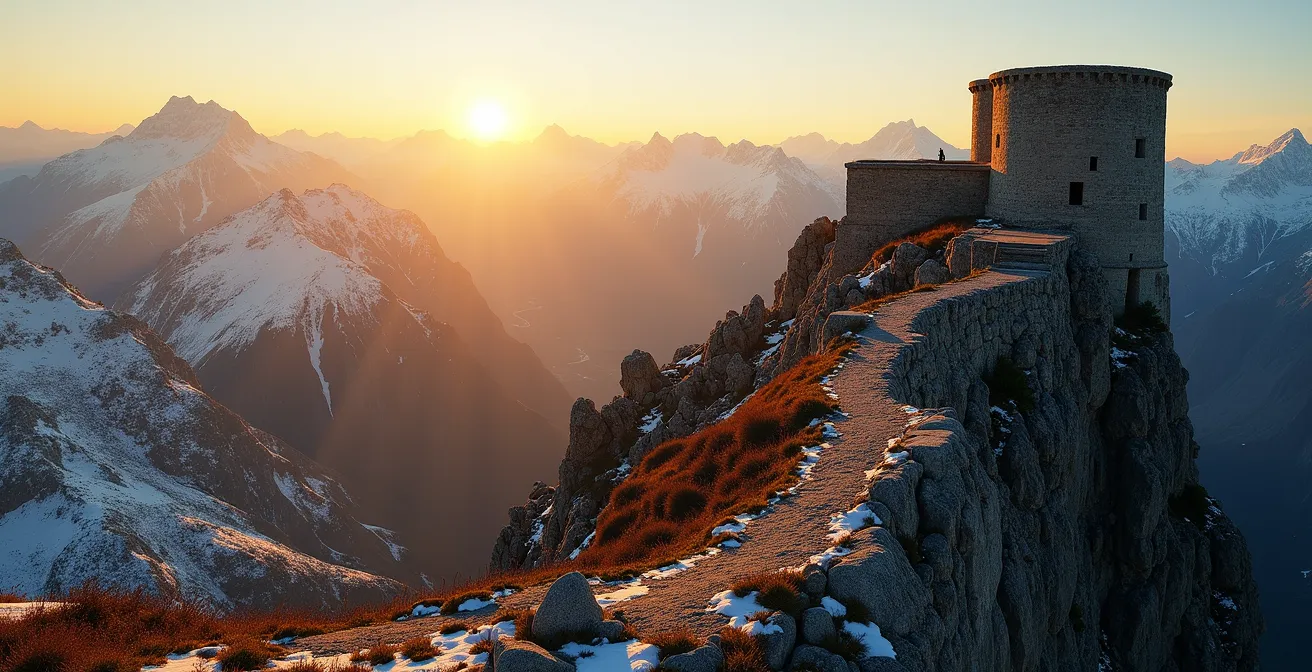 Fort militaire historique perché sur un versant alpin enneigé
