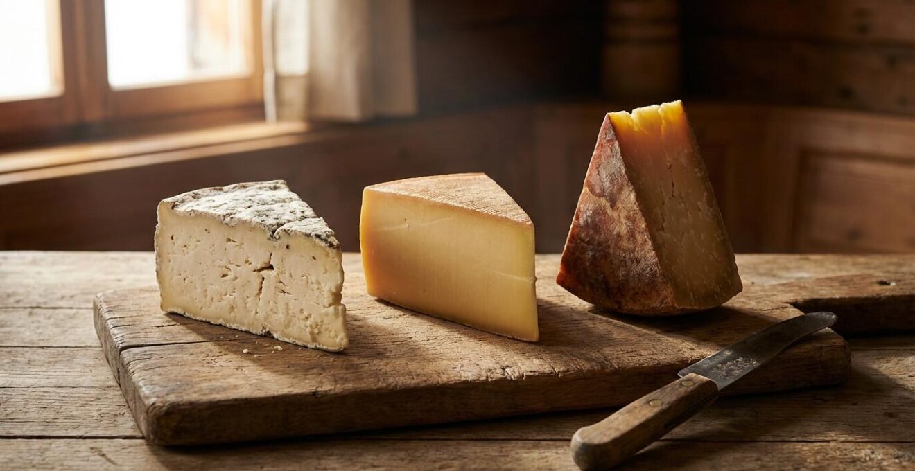 Trois morceaux de fromages d'alpage aux textures et couleurs différentes