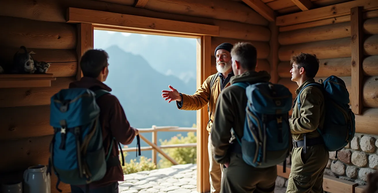Gardien de refuge discutant avec des randonneurs dans l'entrée d'un refuge de montagne