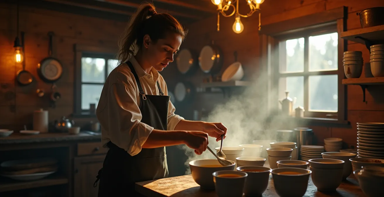 Gardien de refuge préparant le repas du soir dans la cuisine rustique du refuge