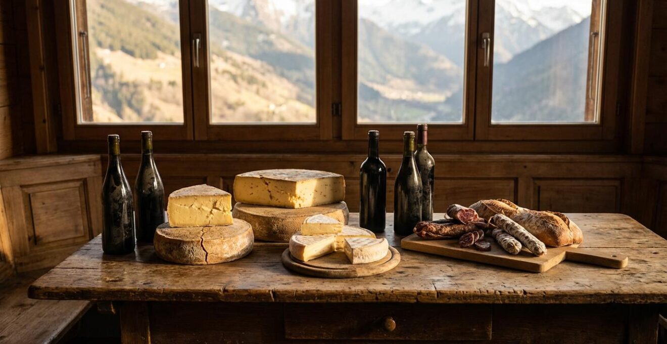 Vue plongeante sur une table rustique en bois avec fromages d'alpage, vins de Savoie et paysage montagnard en arrière-plan