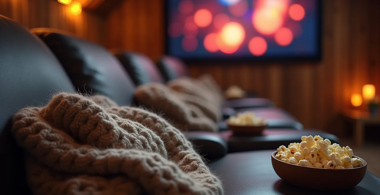 Espace home cinéma chaleureux dans un chalet avec enfants regardant un film