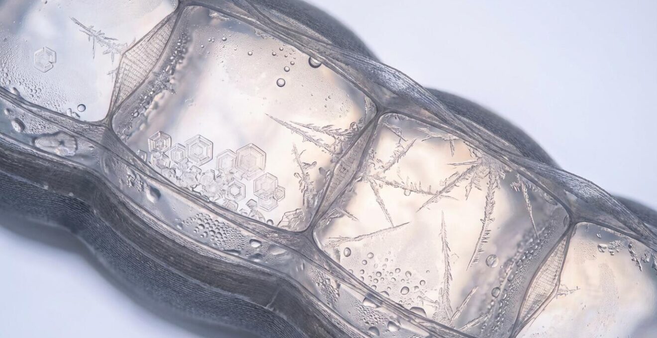 Coupe transversale d'un matelas gonflable montrant la formation de cristaux de glace à l'intérieur