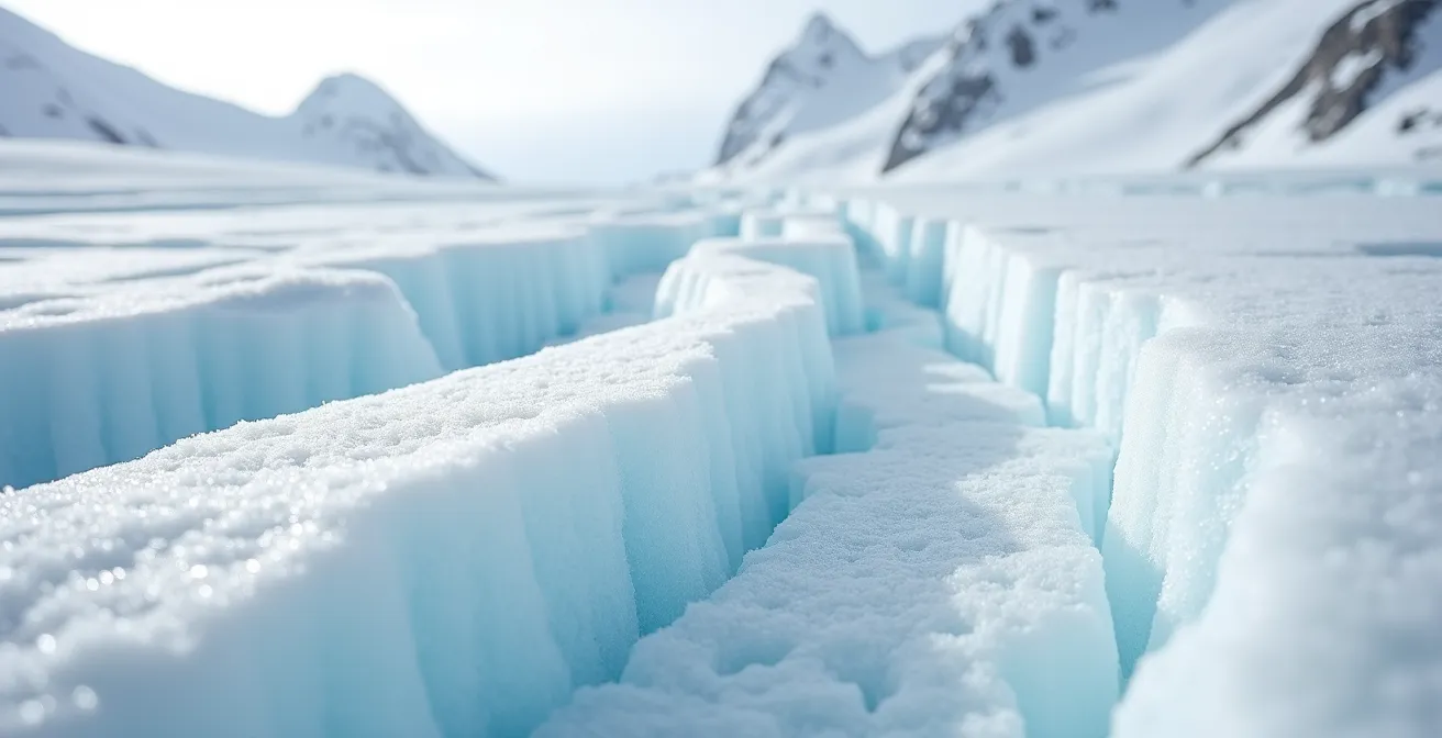 Vue aérienne macro d'une surface de glacier montrant les variations de texture et couleur entre zones sûres et dangereuses