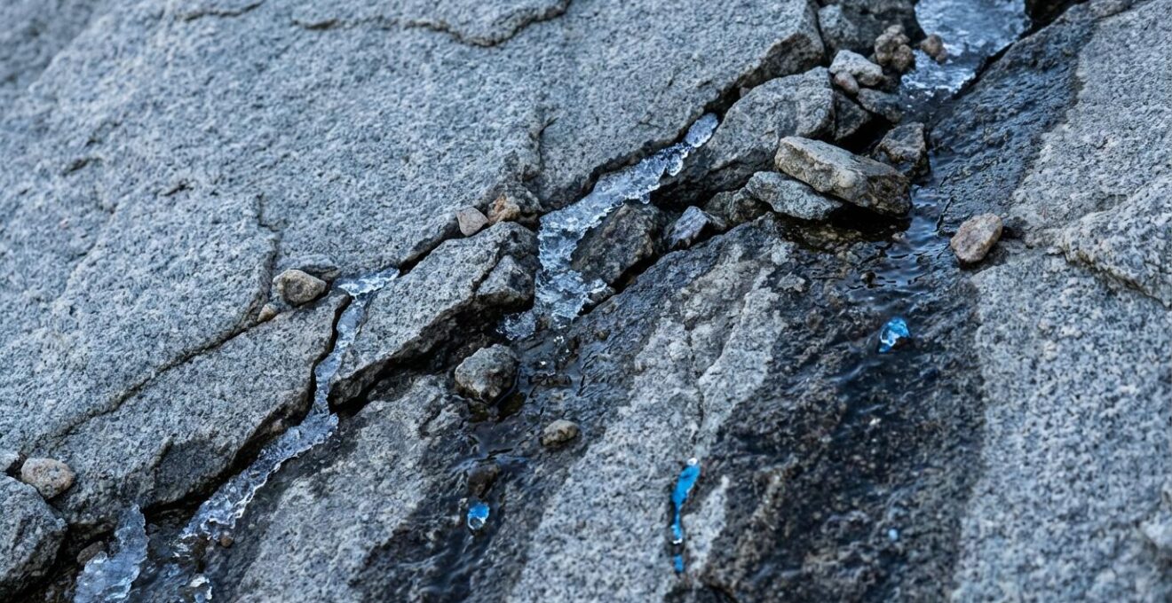 Détails d'une paroi rocheuse montrant des fissures et traces d'eau indicatrices du dégel du permafrost