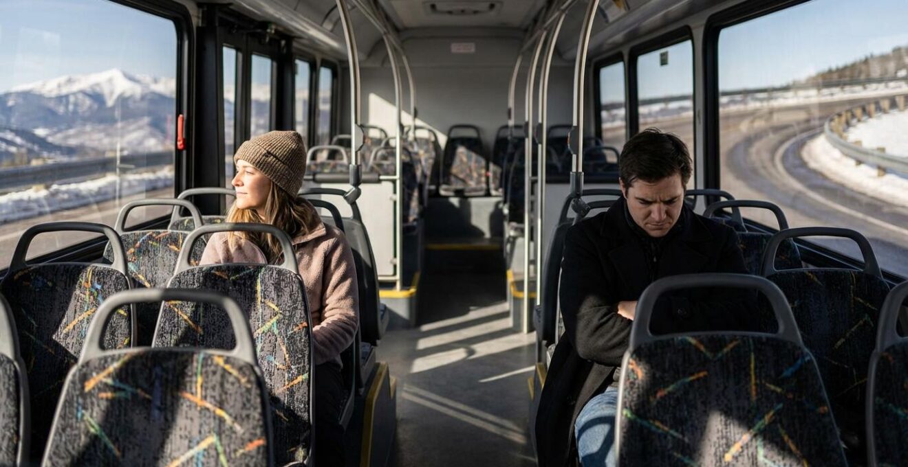Intérieur de navette avec passagers regardant le paysage de montagne par les fenêtres