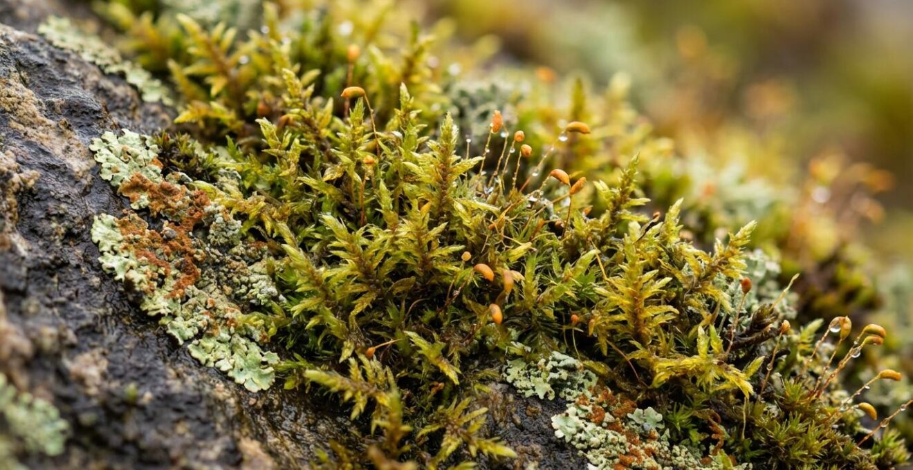 Vue macro de mousses et lichens colorés sur rocher avec motifs fractals naturels