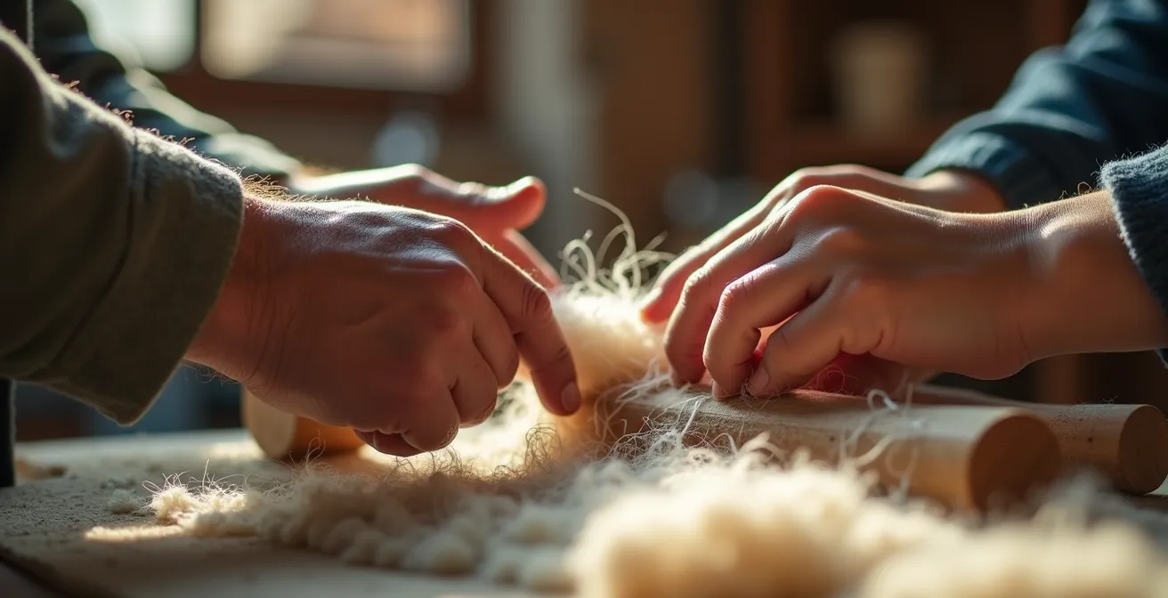 Mains travaillant la laine avec des cardes traditionnelles dans une lumière douce d'atelier