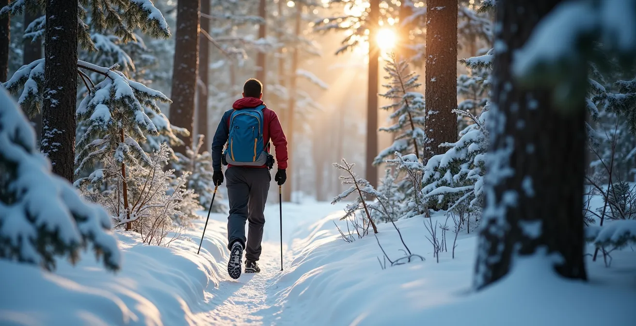 Randonneur marchant sur un sentier enneigé à travers une forêt de sapins