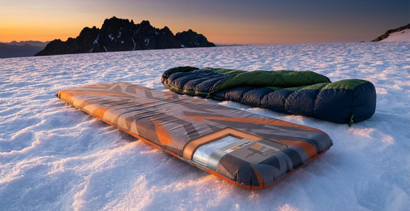 Matelas de bivouac avec isolation thermique installé sur la neige en haute montagne au crépuscule