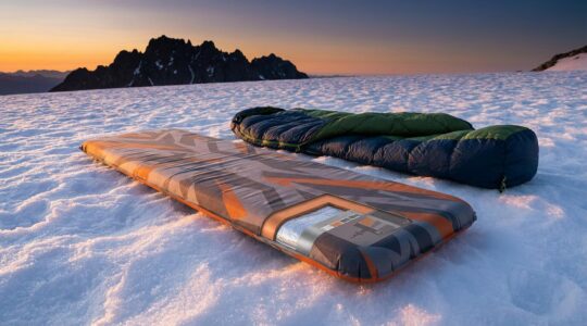 Matelas de bivouac avec isolation thermique installé sur la neige en haute montagne au crépuscule