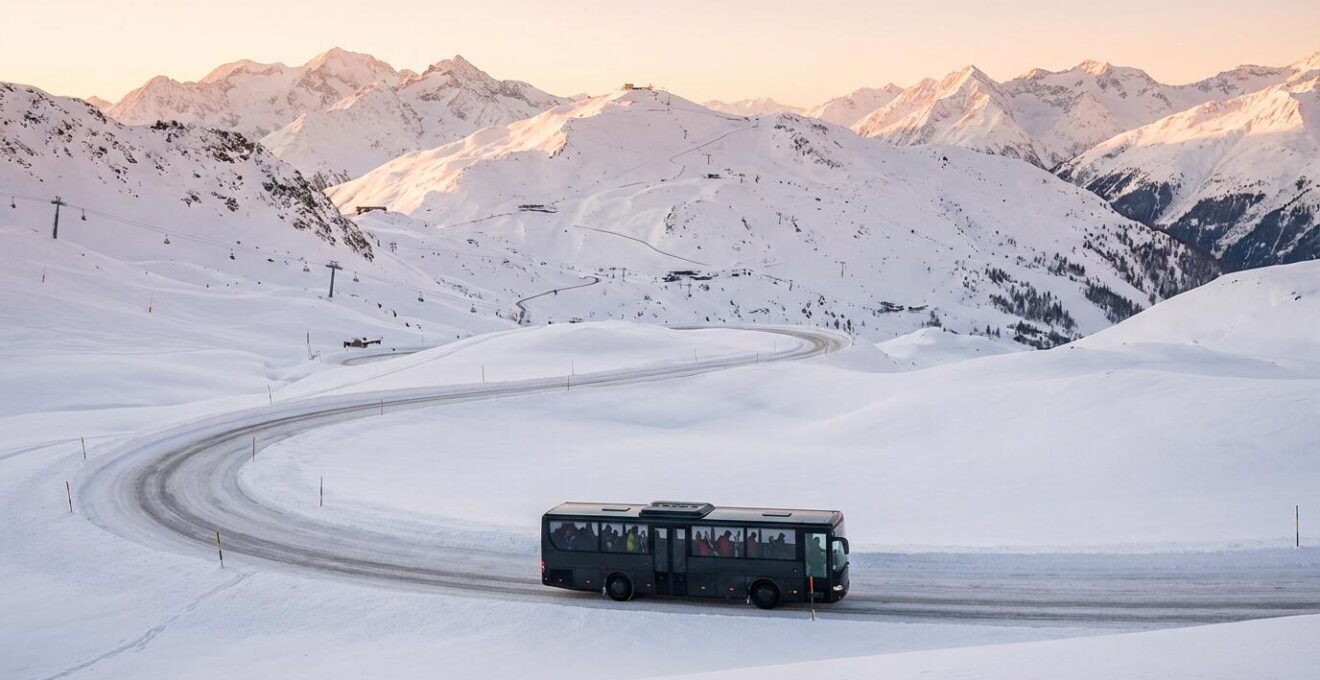 Vue panoramique d'une navette de station sur route de montagne avec skieurs à bord et domaines reliés en arrière-plan